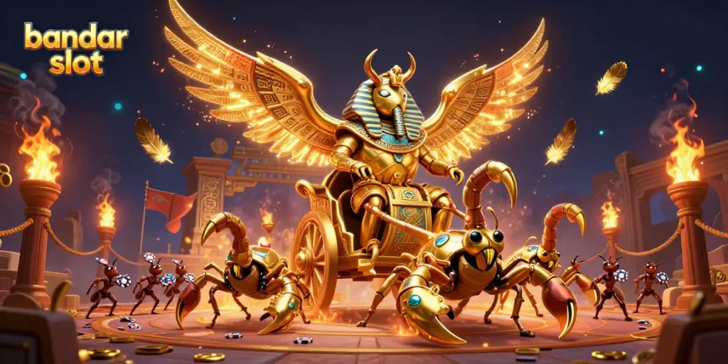 Ilustrasi 3D menarik bandar slot dengan karakter scarab emas dan elemen kasino, menciptakan suasana seru.