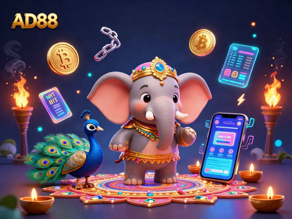 Engage with AD88 in a vibrant 3D casino illustration filled with colorful elements and crypto coins.