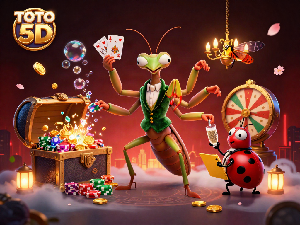 TOTO 5D showcases a vibrant cartoon scene with a praying mantis and ladybug engaged in a dynamic lottery game.