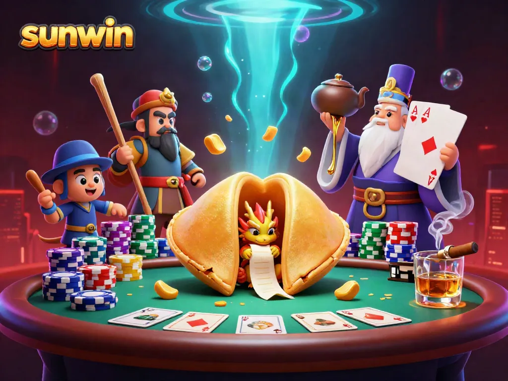 Experience the thrill of winning with sunwin's vibrant 3D casino scene featuring fortune items and poker game elements.