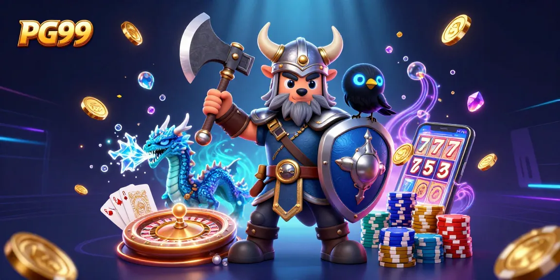 Engage with the PG99 casino experience, featuring dynamic 3D Viking and dragon characters amidst vibrant gambling elements.