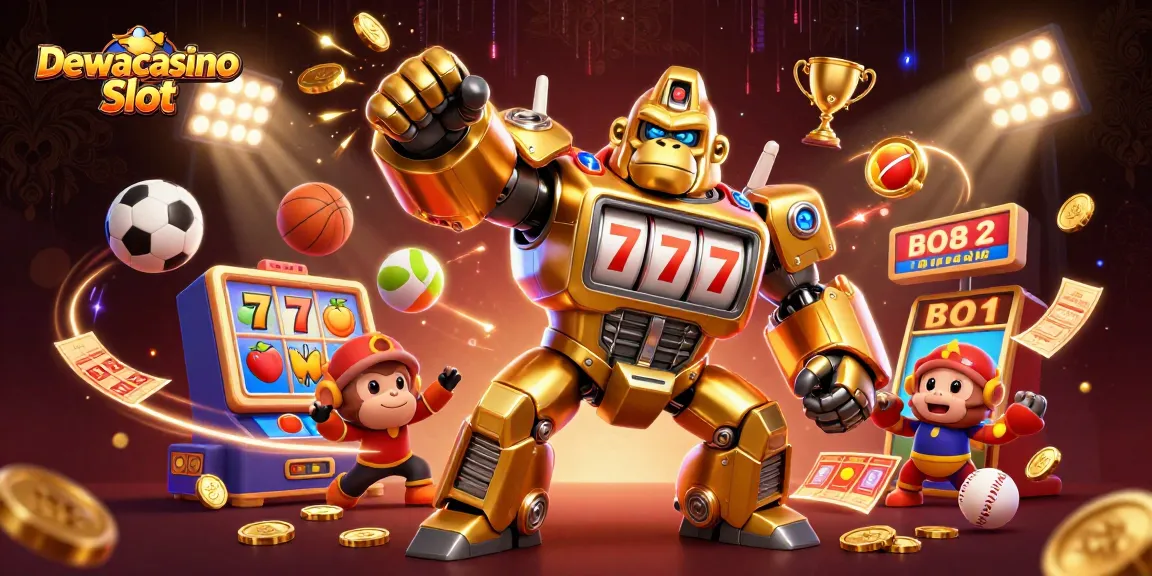 Dewacasino Slot showcases a dynamic 3D scene with a golden gorilla mech and flying gaming symbols.