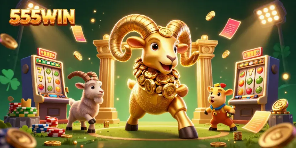 Experience thrilling gameplay with 555WIN featuring golden ram amidst spinning slots and treasures.