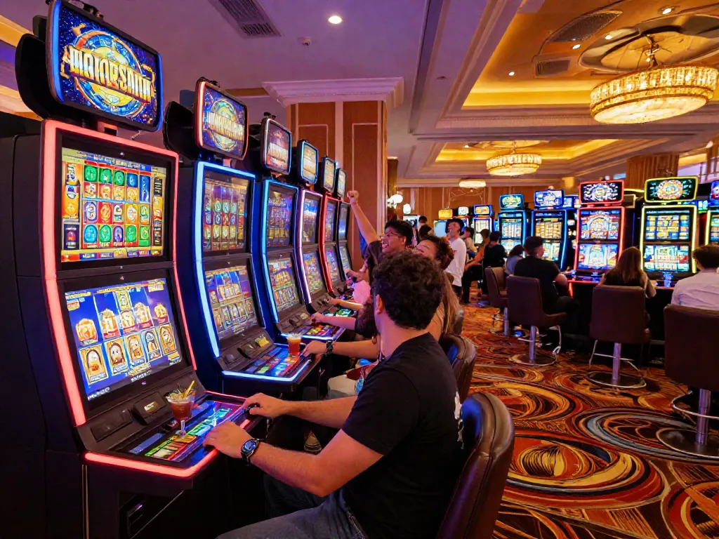 Casino players enjoying slot jackpot machines in a lively atmosphere with colorful lights