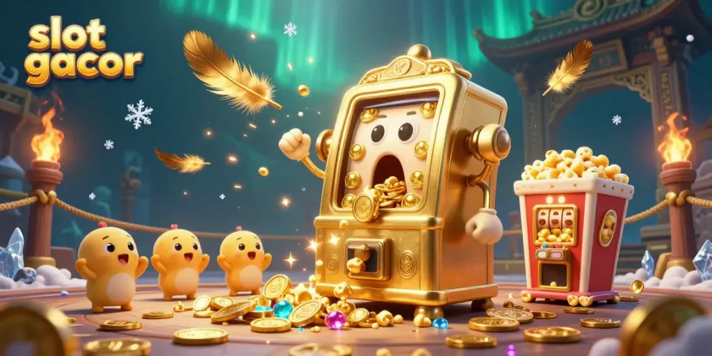 Slot gacor saat jackpot dengan mesin slot emas, atribut kasino, dan suasana semarak koin.