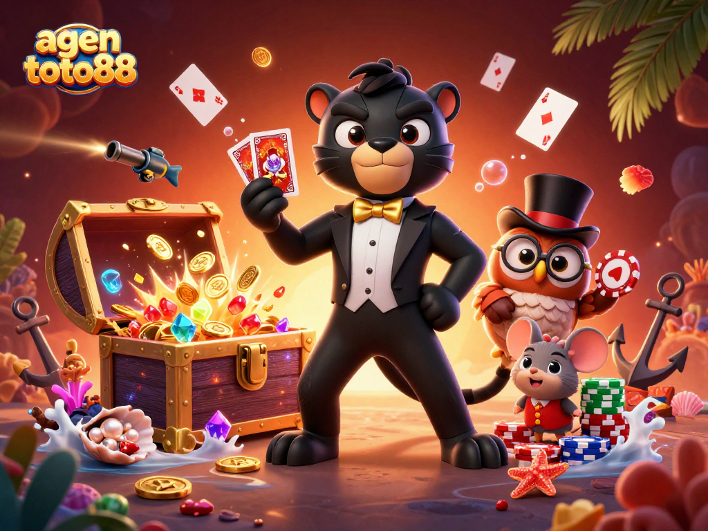 Experience the excitement of agen toto88 casino with a vibrant illustration featuring a tuxedoed panther and his companions.