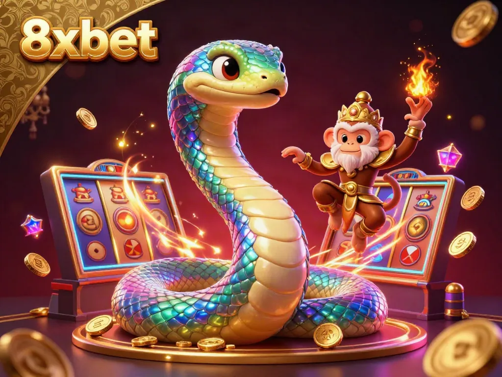 Engage with the vibrant world of 8xbet, featuring a colorful casino-themed illustration with a playful monkey king and rainbow serpent.