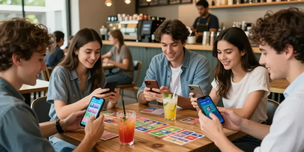 Friends enjoying the immersive gaming experience of 3 Patti No1 in a vibrant coffee shop atmosphere.
