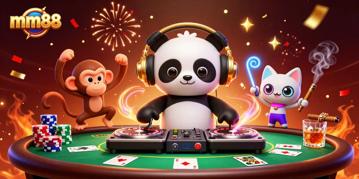 Experience the thrill of gaming at mm88 with lively DJ panda and friends in a vibrant casino scene.