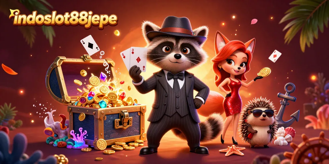 Experience the excitement of indoslot88jepe with a raccoon holding a royal flush amidst vibrant casino elements.