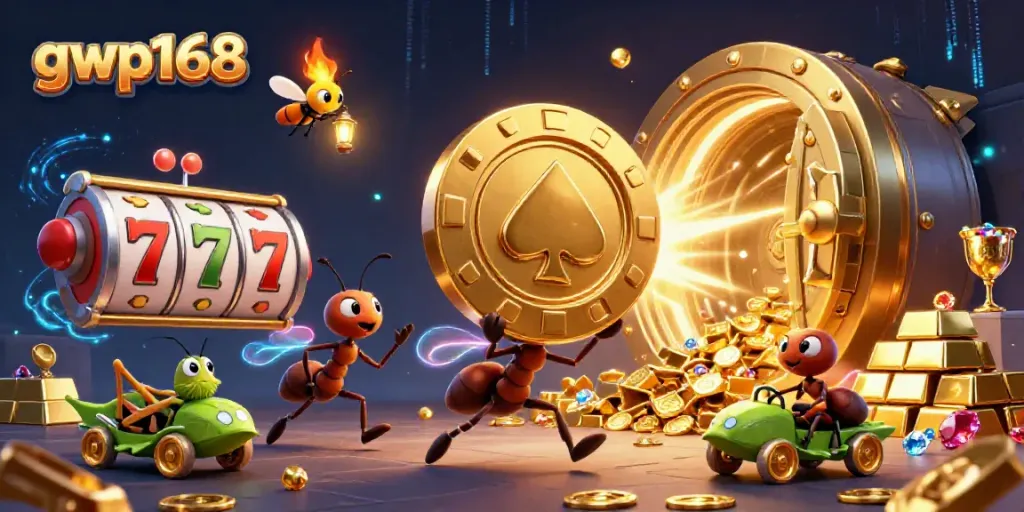 GWP168 menyajikan tim semut kartun beraksi membawa chip poker emas raksasa dalam ilustrasi ceria.