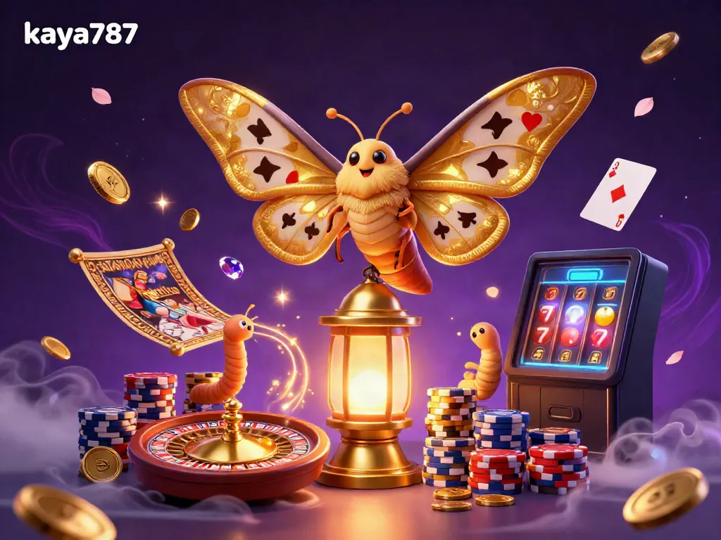 Experience the thrill of kaya787 casino with a dazzling moth and gold elements illuminating the gaming adventure.