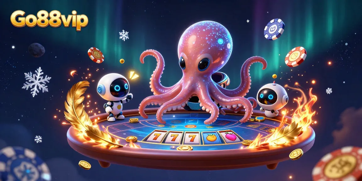 Engage in thrilling games at Go88vip with an alien octopus operating a holographic poker table.