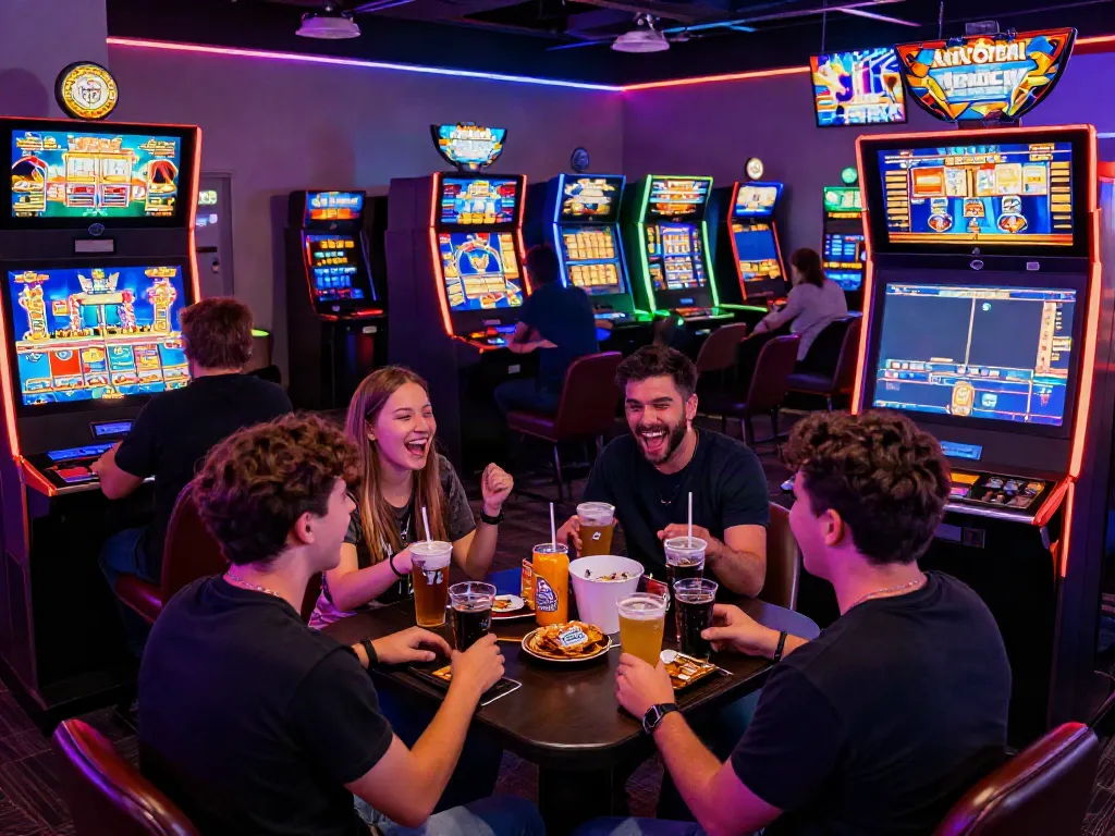 Exciting players enjoying 513 Slots games in a vibrant gaming lounge atmosphere.