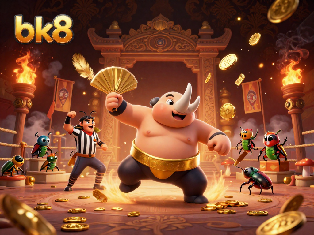 Engage in thrilling games at bk8, as a cartoon beetle champion unleashes golden coins in a vibrant casino arena.