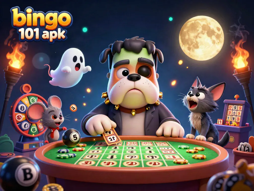 Win at bingo 101 apk with an exciting illustration featuring a cartoon bulldog dealing bingo cards and playful elements.