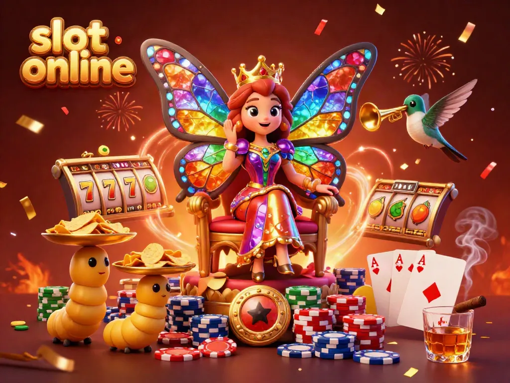 Experience winning excitement with slot online's vibrant 3D scene featuring a butterfly queen, slot reels, and celebratory elements.