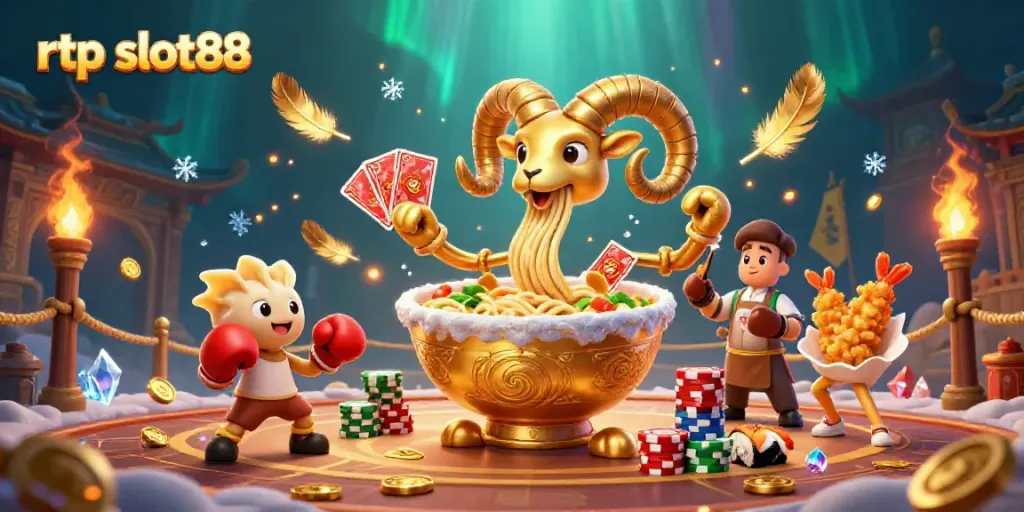 Rtp slot88 pada ilustrasi kasino dengan karakter ramen dan dealer sushi yang menarik.