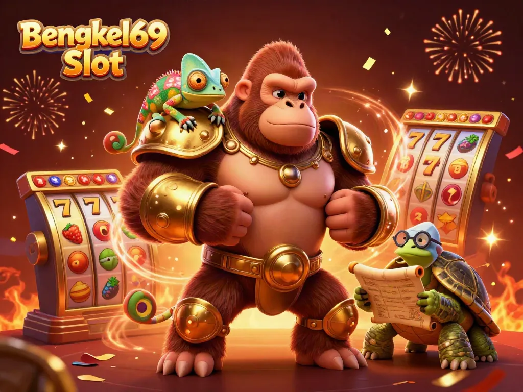 Engage with the dynamic visuals of Bengkel69 Slot featuring interactive characters and gaming elements.