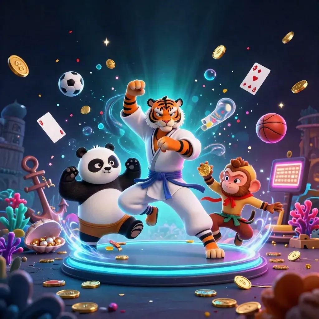 Tiger, panda, and monkey in a neon treasure cove with coins, coral, cards, and sports props.