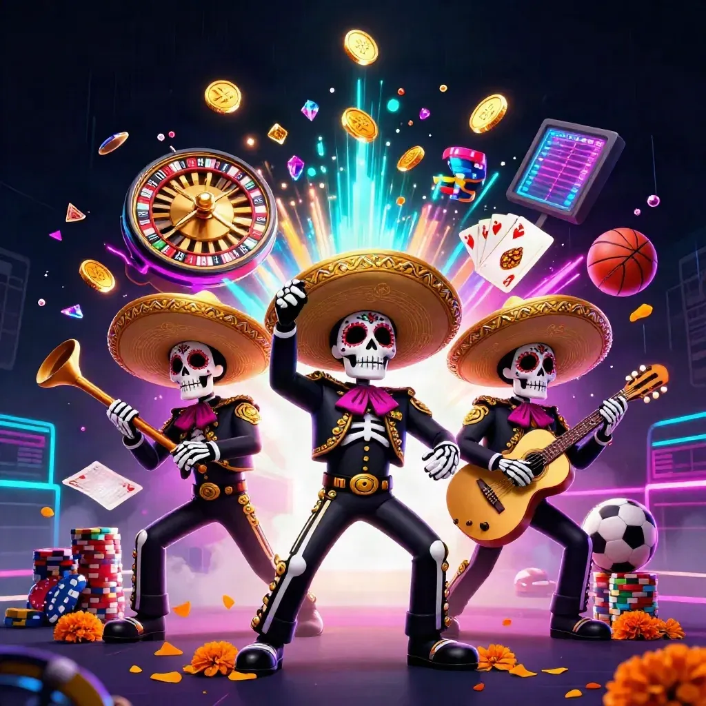 Skeleton mariachi trio amid casino chips, coins, roulette wheel, and neon cyan-magenta energy