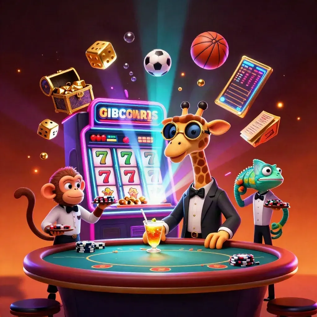 Giraffe, monkey, and chameleon amid casino bursts, sports balls, and neon glow.