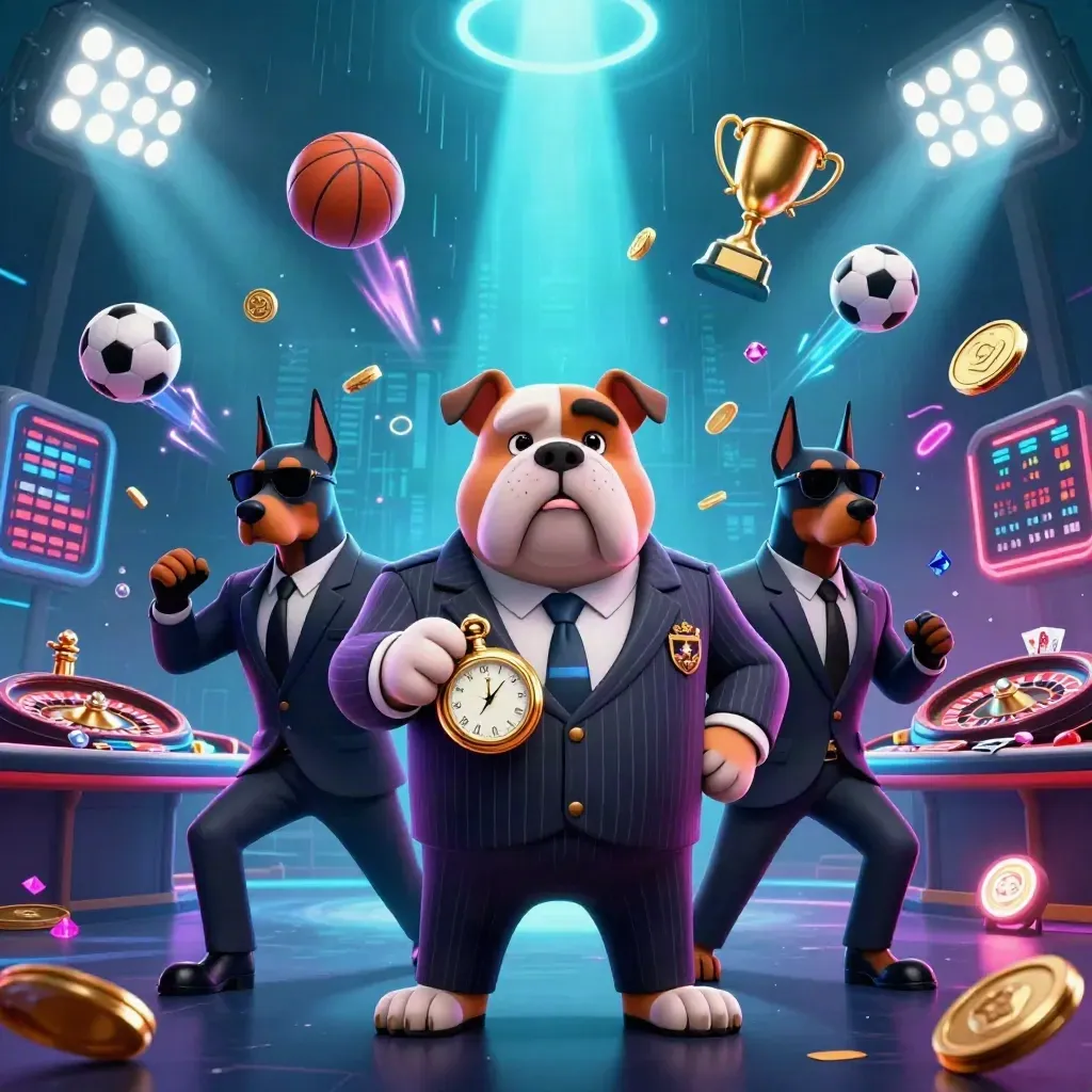 Bulldog mob boss and two Dobermans amid neon casino sports chaos, trophy, coins, and glowing effects.