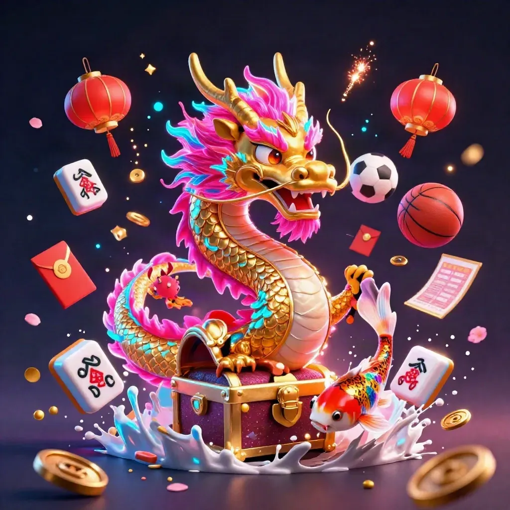 Golden dragon with phoenix, koi, casino tokens, lanterns, and sports balls bursting in neon light.