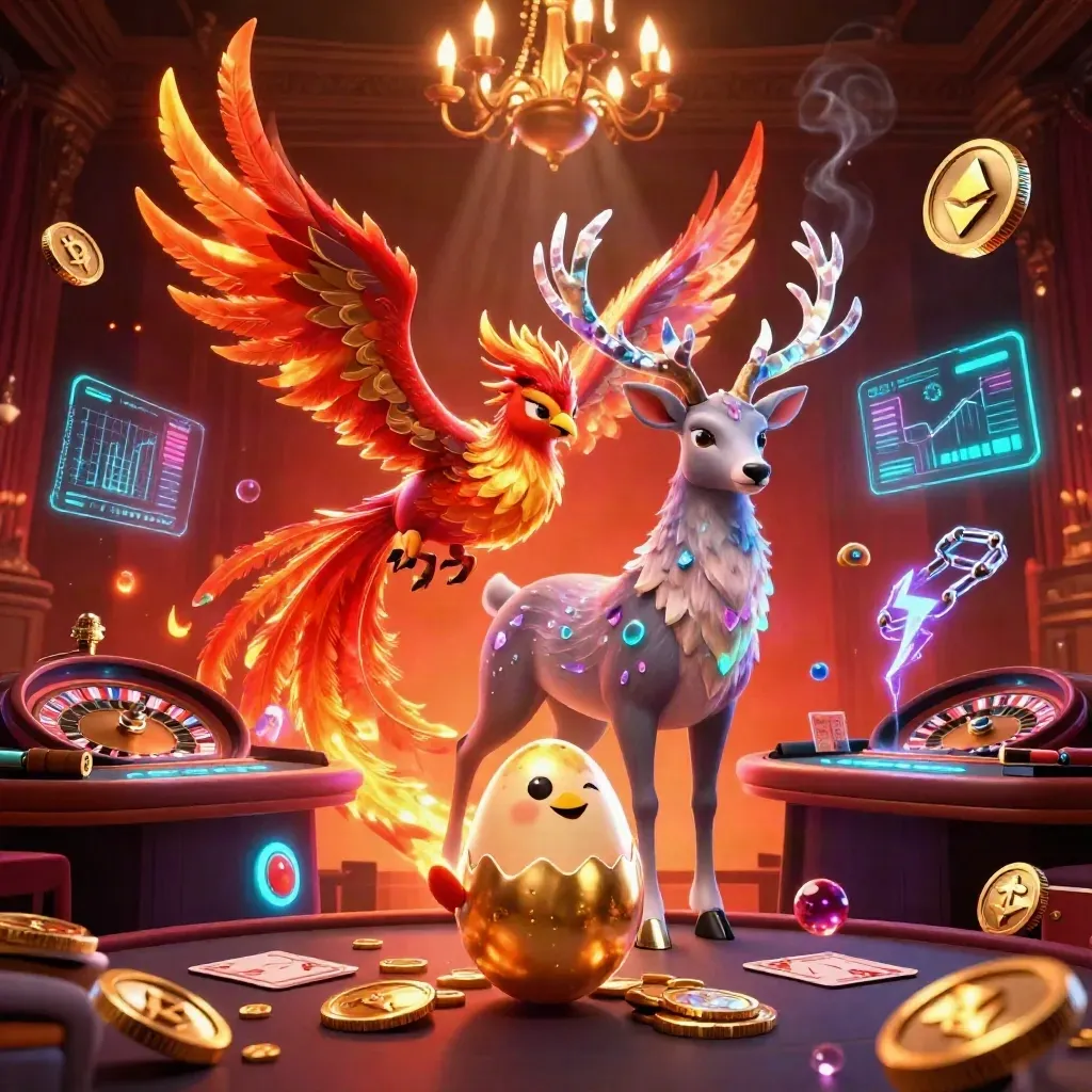 Phoenix, stag, and hatchling amid neon casino energy, coins, lightning, and a glowing roulette blur.