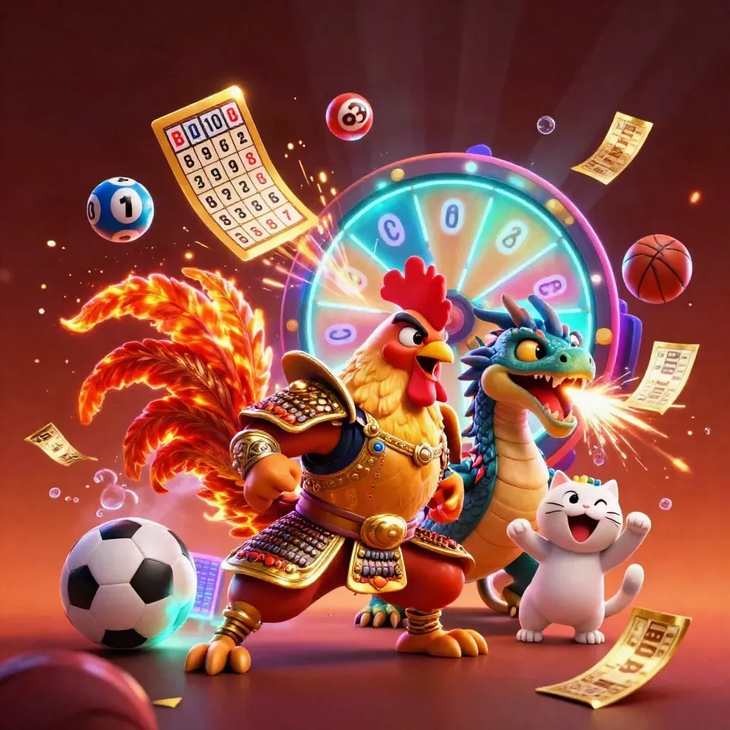 Rooster warrior, spark-breathing dragon hatchling, and fortune-cat amid casino game bursts.