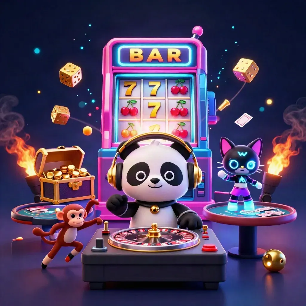 DJ panda, monkey, and glow kitten in a neon casino scene with slots, dice, and gold