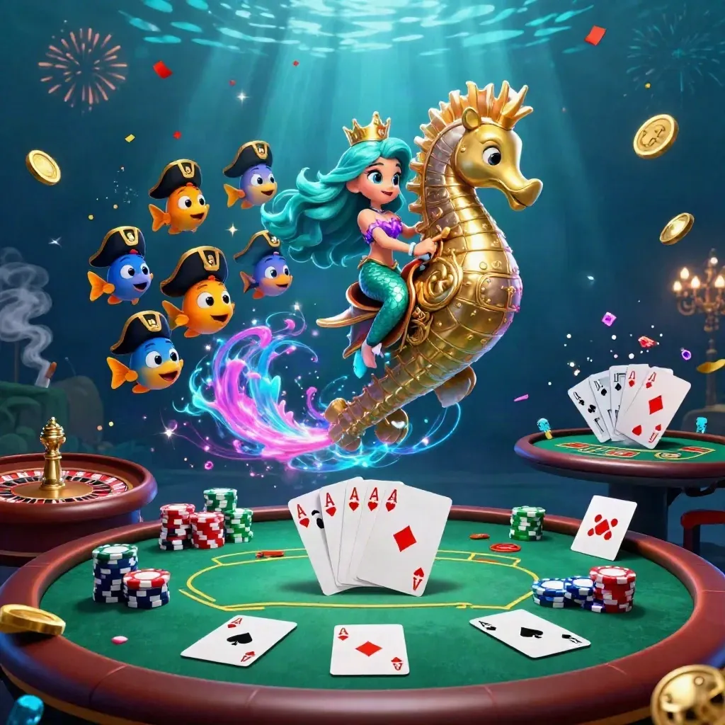 Mermaid princess on armored seahorse in a neon underwater casino with cards, chips, and fireworks.
