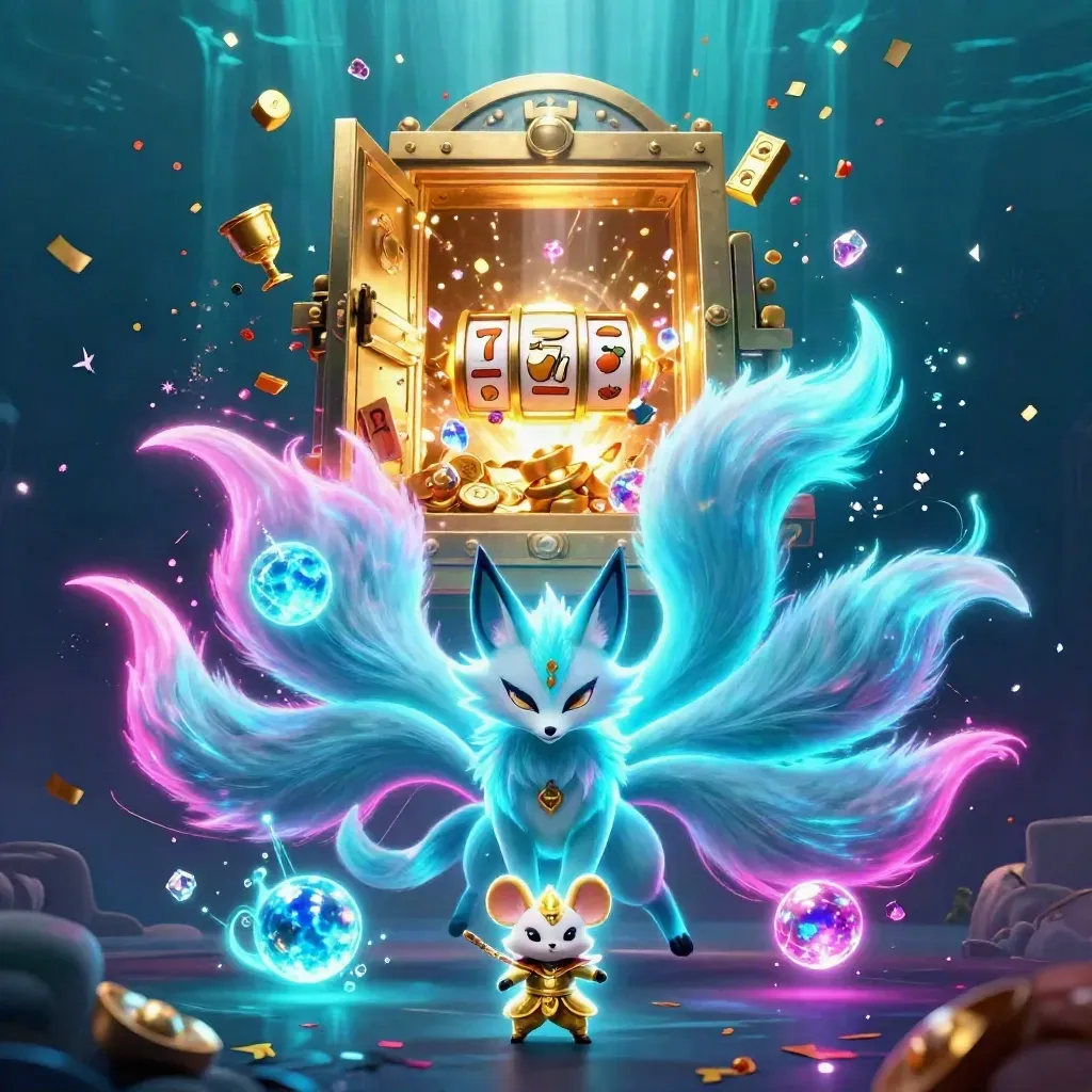Neon fox spirit and golden mouse burst treasure from an open vault underwater.