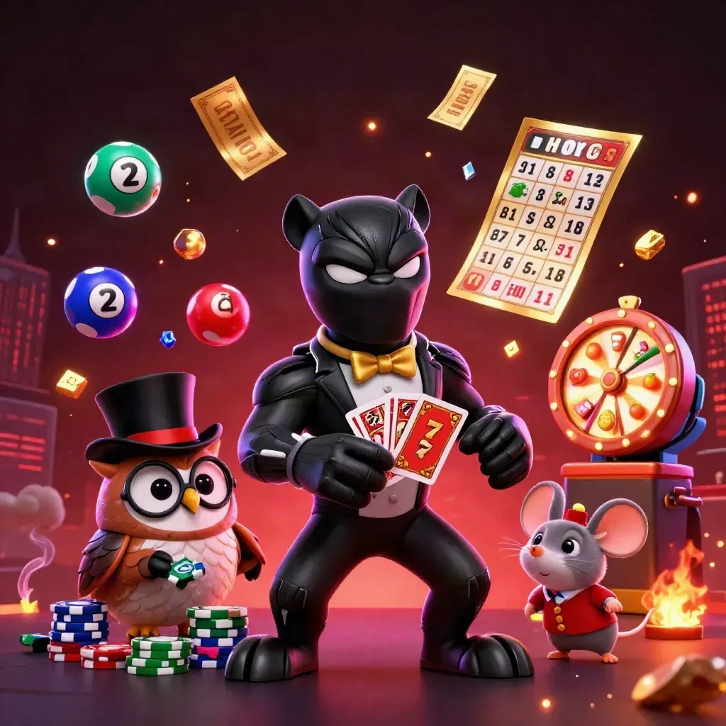 Panther, owl, and mouse casino heroes amid flying chips, balls, reels, and neon glow.