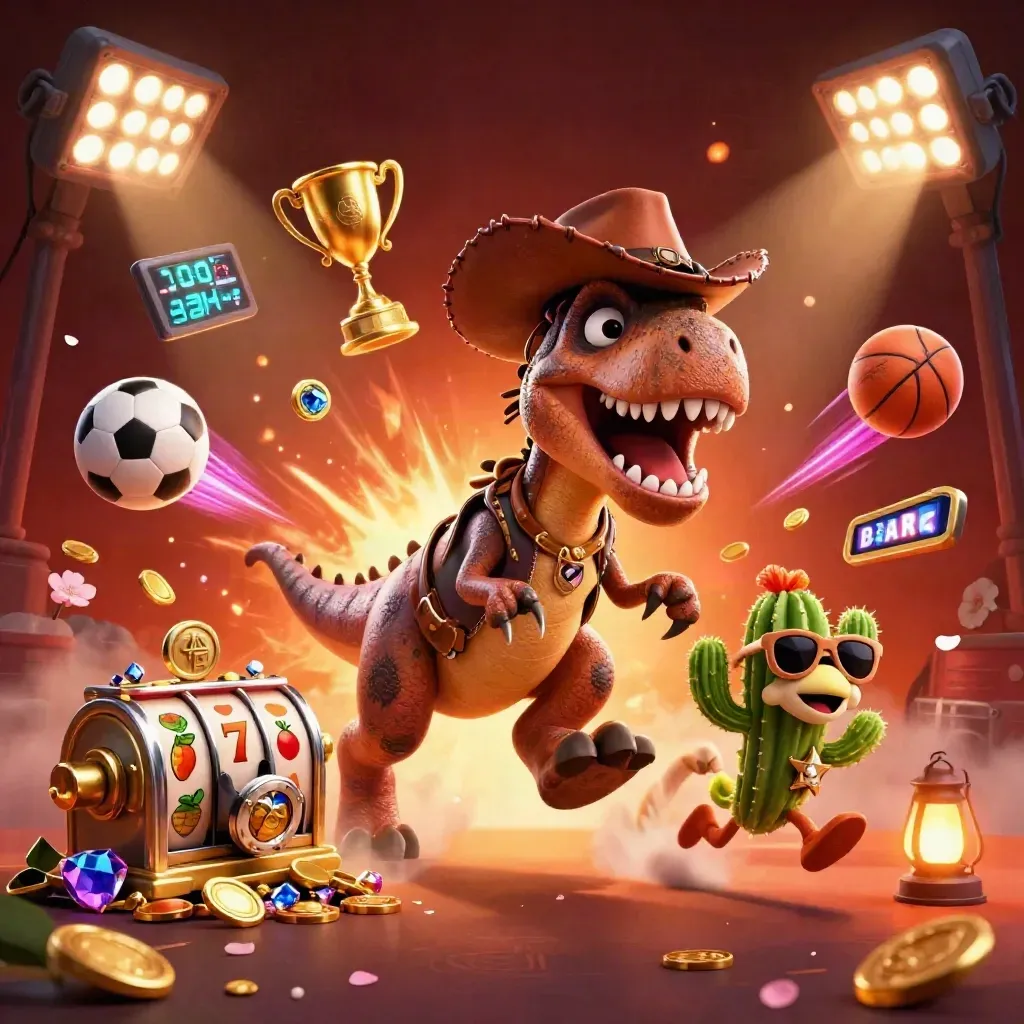 Cowboy T-Rex, cactus and roadrunner amid vault treasure, sports balls and neon casino glow