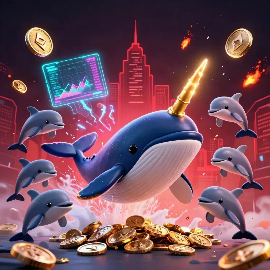 Whale captain, narwhal, and dolphins burst through coins with neon crypto effects