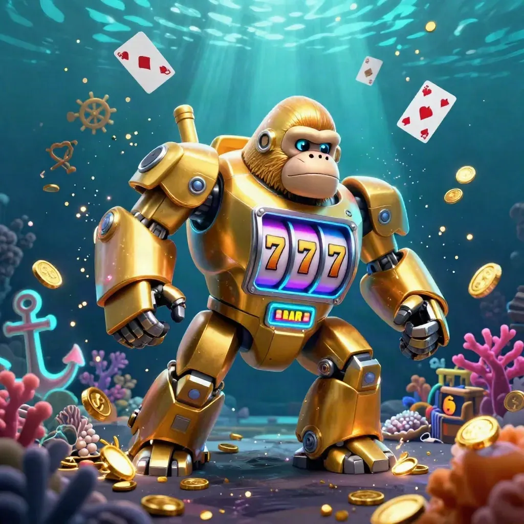 Golden gorilla slot-mech and monkey pilot blasting treasure in a neon underwater cove.