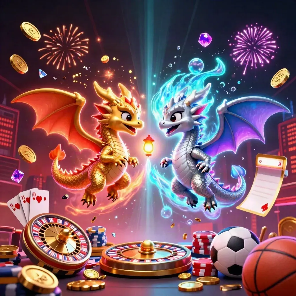 Gold and silver dragons whirl in neon with coins, chips, cards, and a glowing scoreboard.