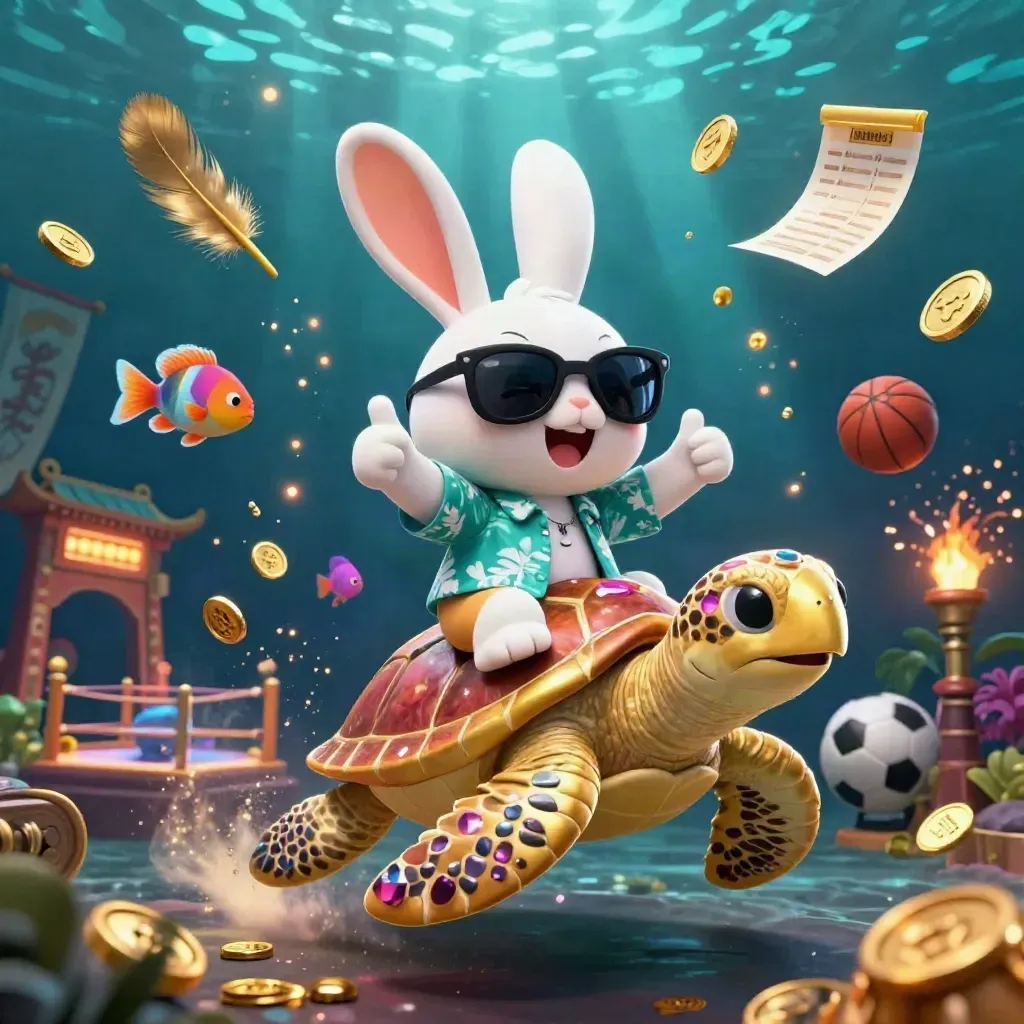 Lucky rabbit rides a gold turtle amid coins, fish, fireworks, and neon casino glow.