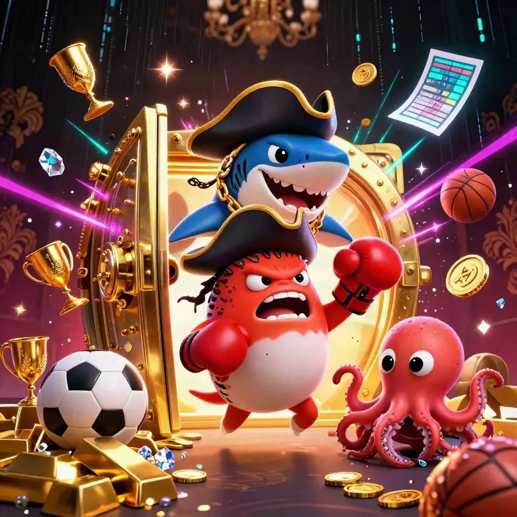 Pirate shark, boxing pufferfish, and coin-juggling octopus amid vault loot and neon casino effects.