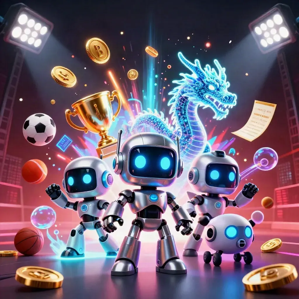 Robot, dragon, drone, coin burst, sports balls, trophy, fireworks in neon casino style