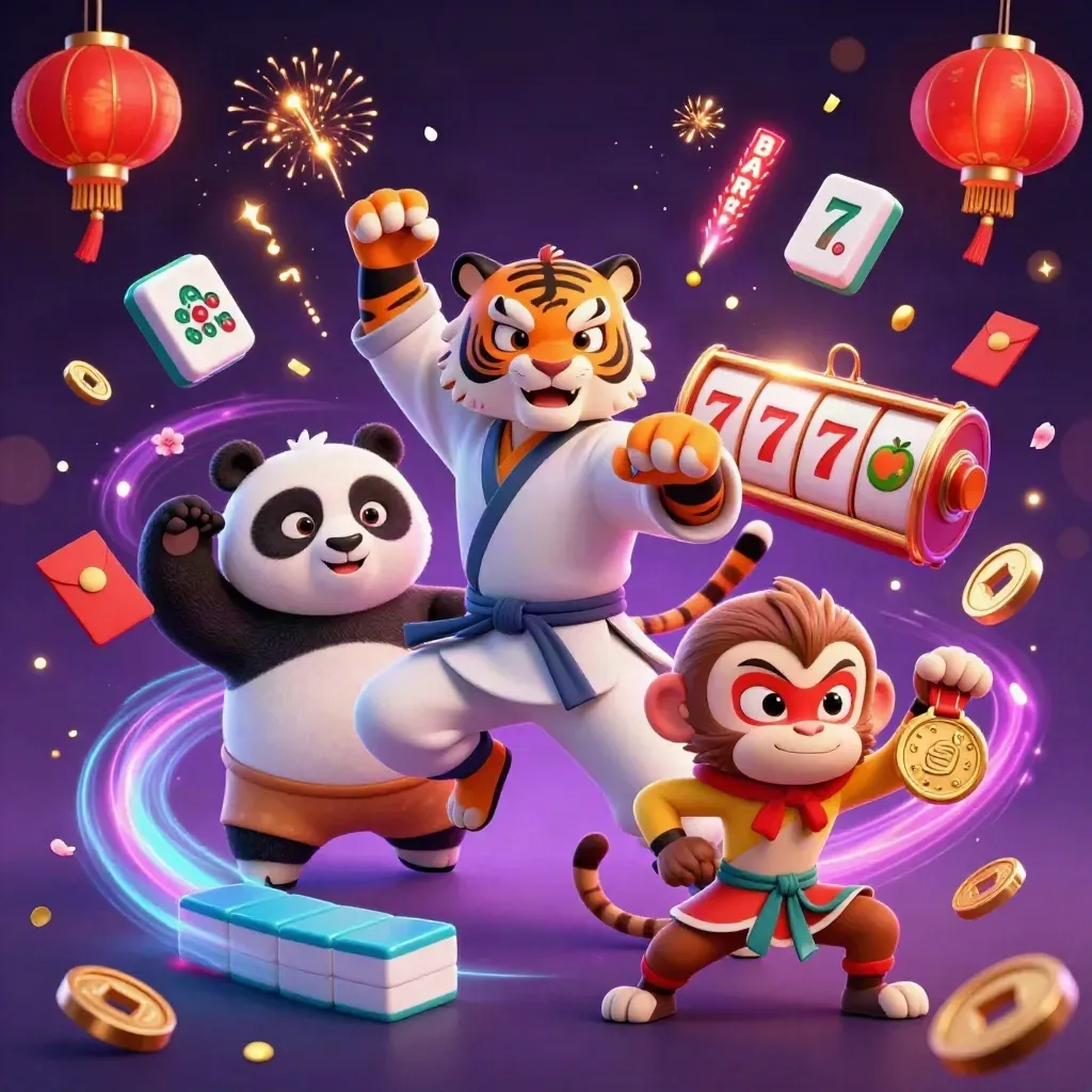 Tiger, panda, and monkey in neon casino kung-fu art with coins, lanterns, and slot reels.