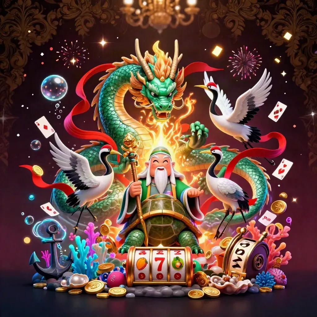 Emerald dragon, turtle sage, and cranes amid casino treasure, coins, coral, and neon energy.