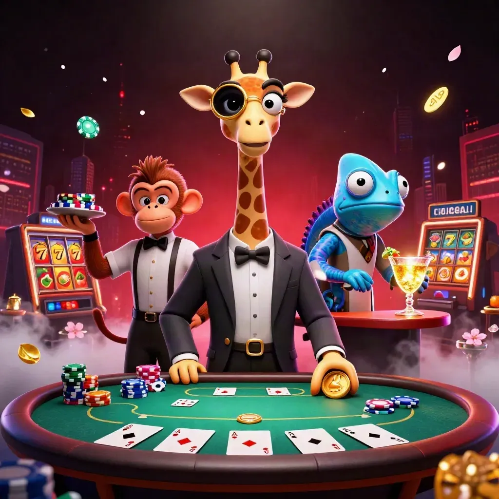 Neon casino key art: giraffe, monkey, and chameleon at a glowing poker table.