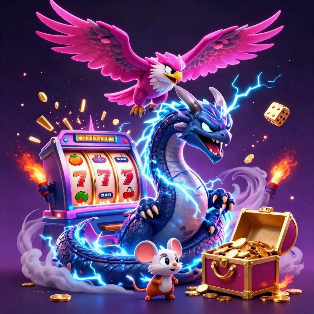 Thunder dragon, glowing hawk, and static mouse erupt from a jackpot slot machine in neon casino light.