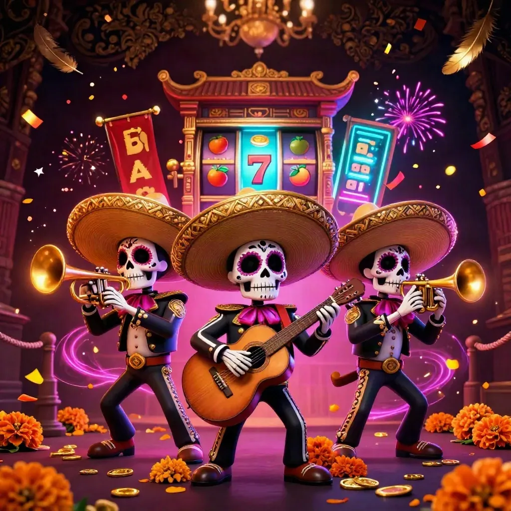 Festive skeleton mariachi trio amid neon casino glow, slot reels, coins, fireworks, and magic swirls