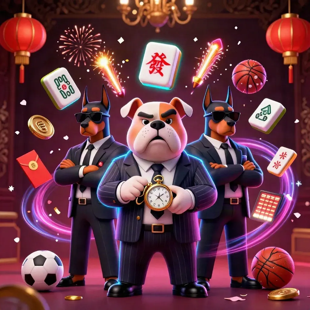 Bulldog mob boss with two Dobermans amid neon casino props and gold fireworks.