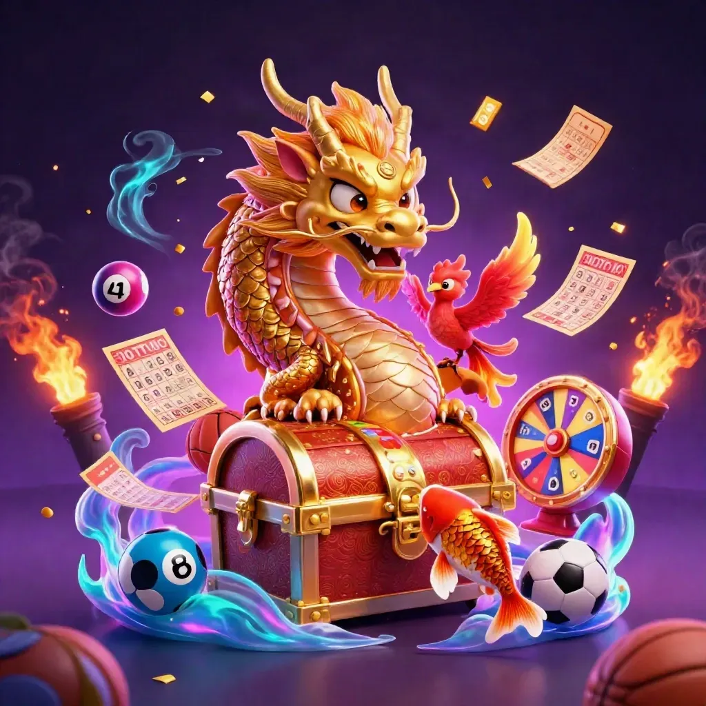 Golden dragon, phoenix, koi, and casino rewards burst in neon esports style