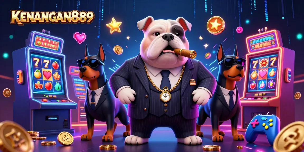 Play slots with KENANGAN889, featuring a mafia boss and his bodyguards in a vibrant gaming scene.