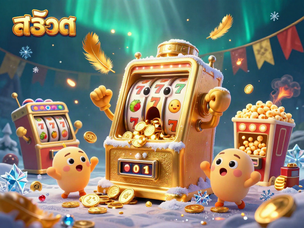 Engaging golden slot machine celebrating a jackpot with coins pouring from its mouth in a vibrant casino scene. สล็อต